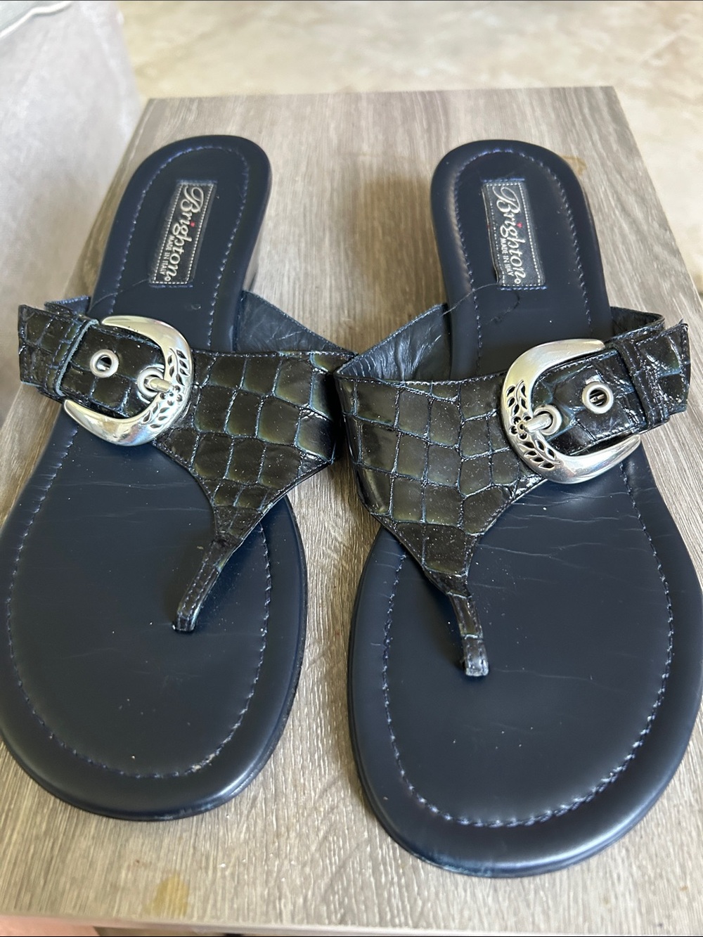 Brighton Black Croc-Embossed Thong Sandals with Silver Buckles